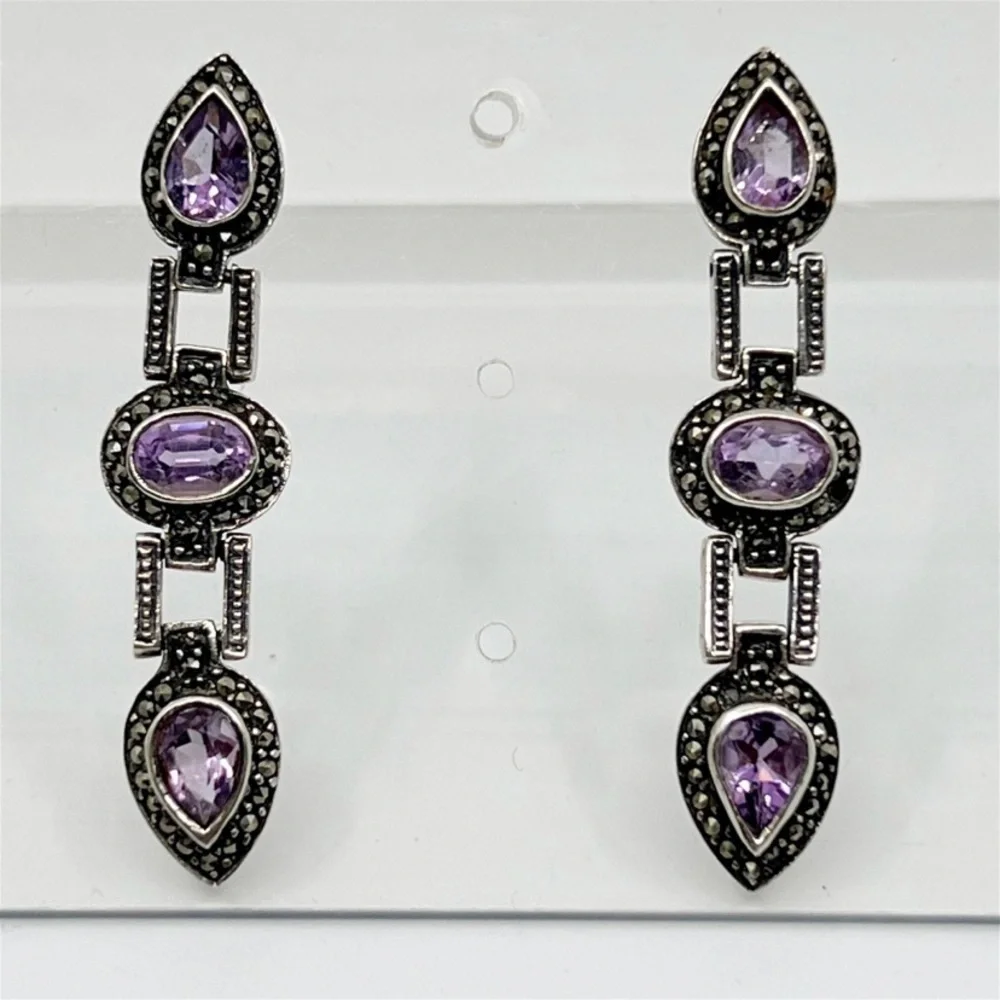 sterling silver amethyst & marcasite drop earrings